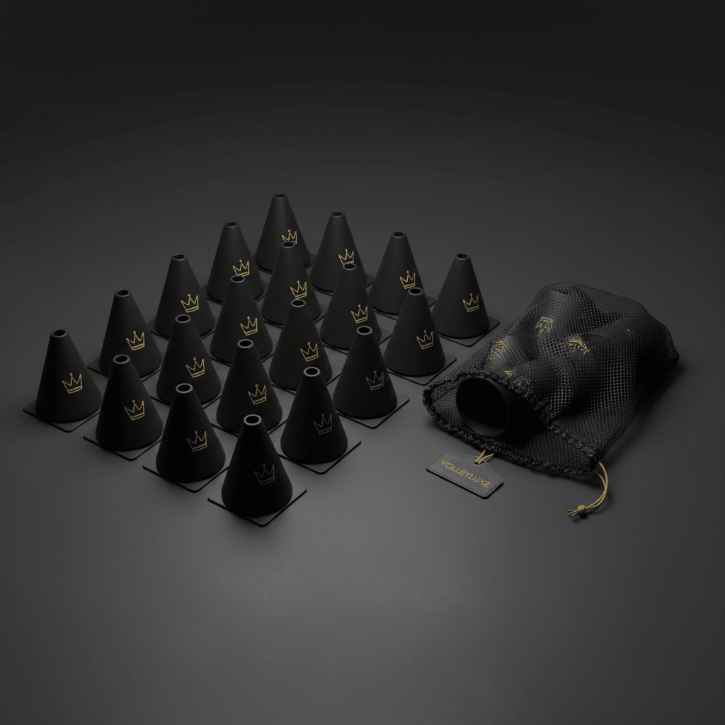 TITAN Volleyball Training Cones Set Crown Edition 20 matte black cones gold crown logo mesh carry bag flat lay
