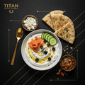 TITAN Greek Mediterranean Smoked Salmon Breakfast meal kit flat lay dark luxury