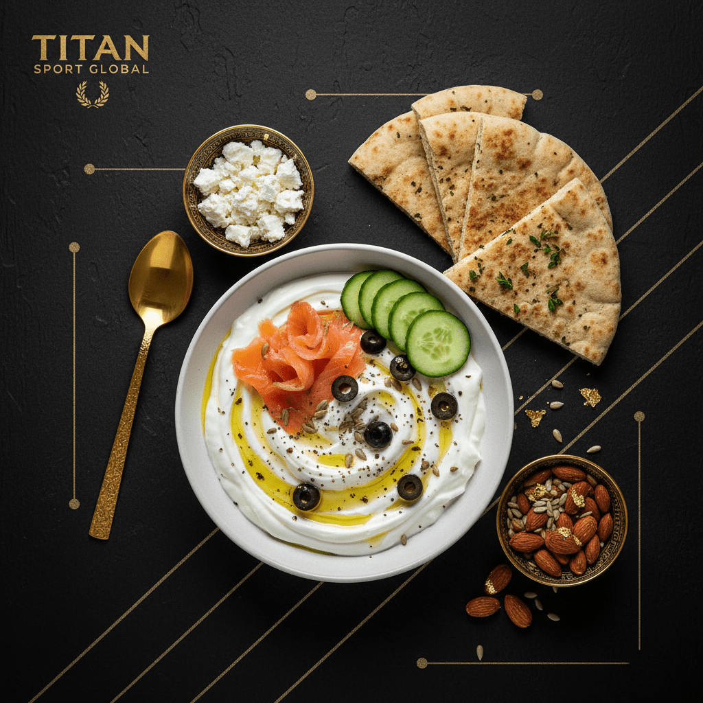 TITAN Greek Mediterranean Smoked Salmon Breakfast meal kit flat lay dark luxury