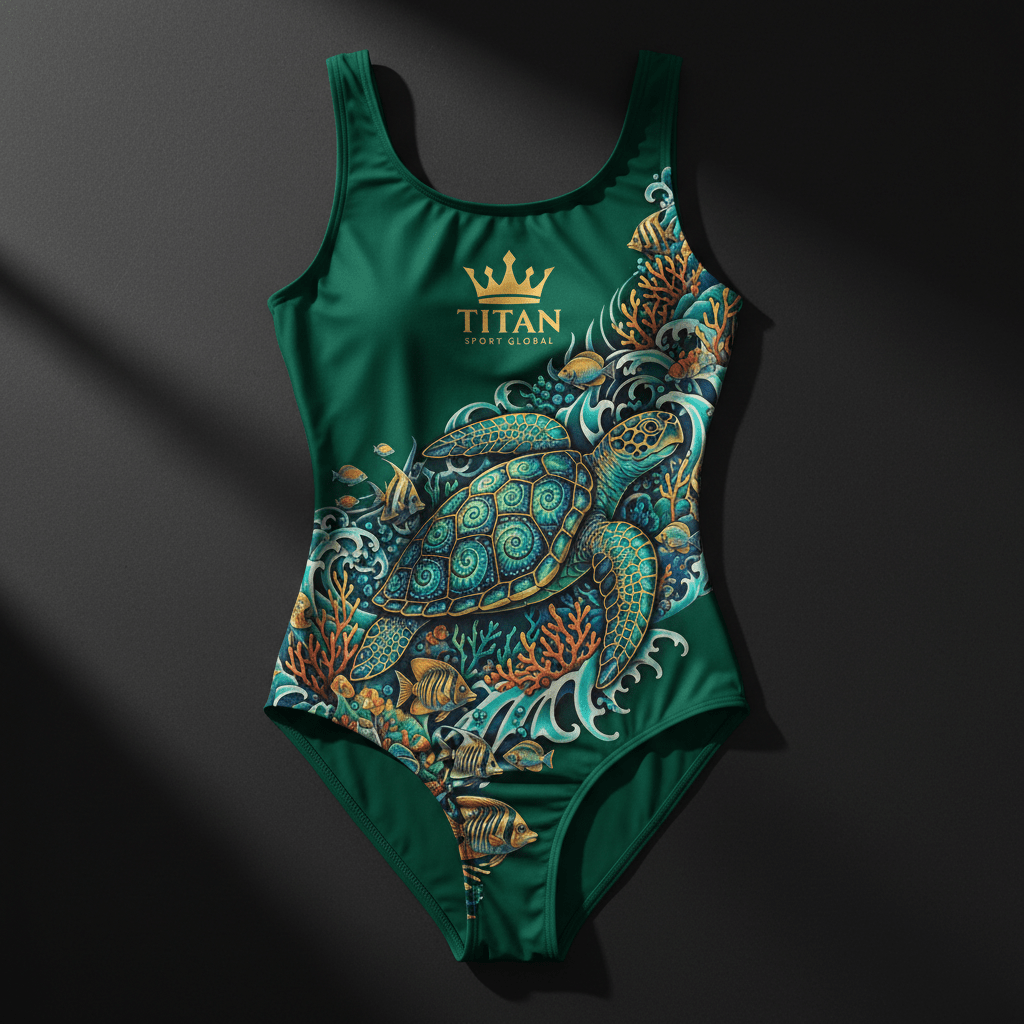TITAN Women's Full Body Slimming Swimsuit Emerald Sea Turtle Crown Edition flat lay