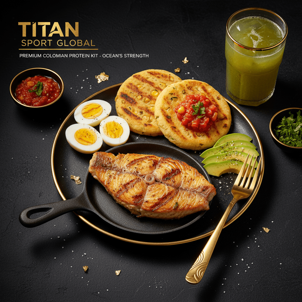 TITAN Colombian Red Snapper Arepa Power Breakfast meal kit flat lay dark luxury