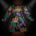 TITAN Crown Edition Tattoo Art Women's Lounge Wrap Dress - bold colorful tattoo artwork on matte black satin fabric
