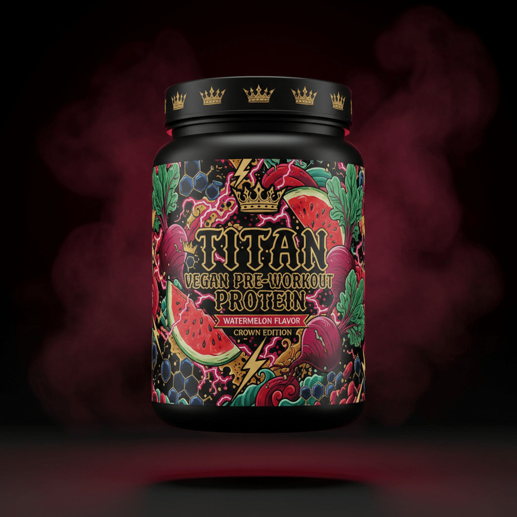 TITAN Vegan Pre-Workout Protein — Watermelon, Crown Edition tattoo-style artwork