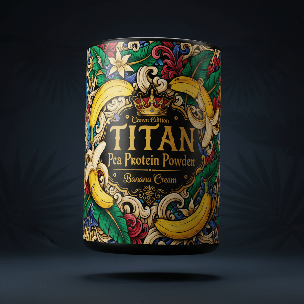 TITAN Pea Protein Powder — Banana Cream, Crown Edition tattoo-style artwork