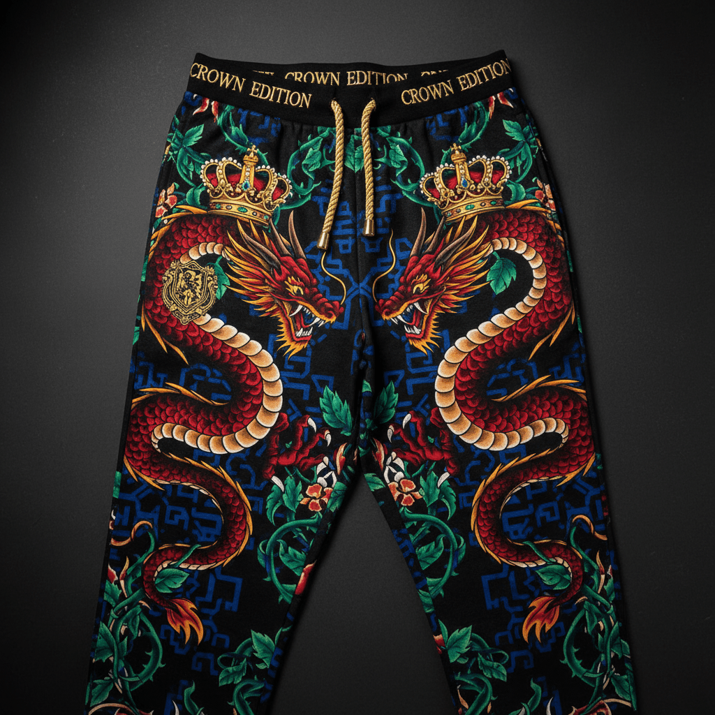 TITAN Crown Edition Tattoo Art Men's Lounge Joggers - bold colorful tattoo artwork on matte black fabric