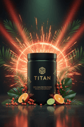 TITAN Camu Camu Protein Powder Tropical Citrus — vibrant Amazonian jungle canister with camu camu berries, citrus slices and explosive vitamin C energy burst
