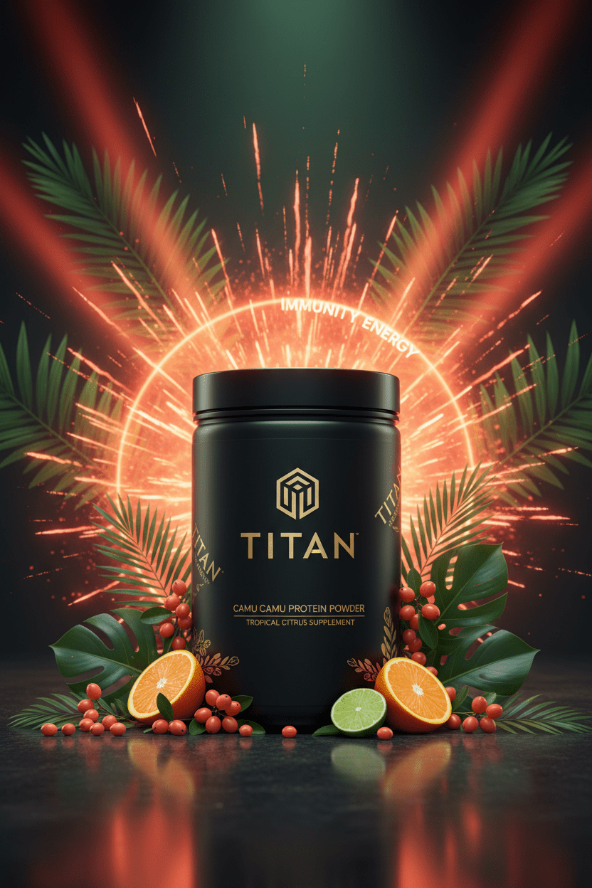 TITAN Camu Camu Protein Powder Tropical Citrus — vibrant Amazonian jungle canister with camu camu berries, citrus slices and explosive vitamin C energy burst