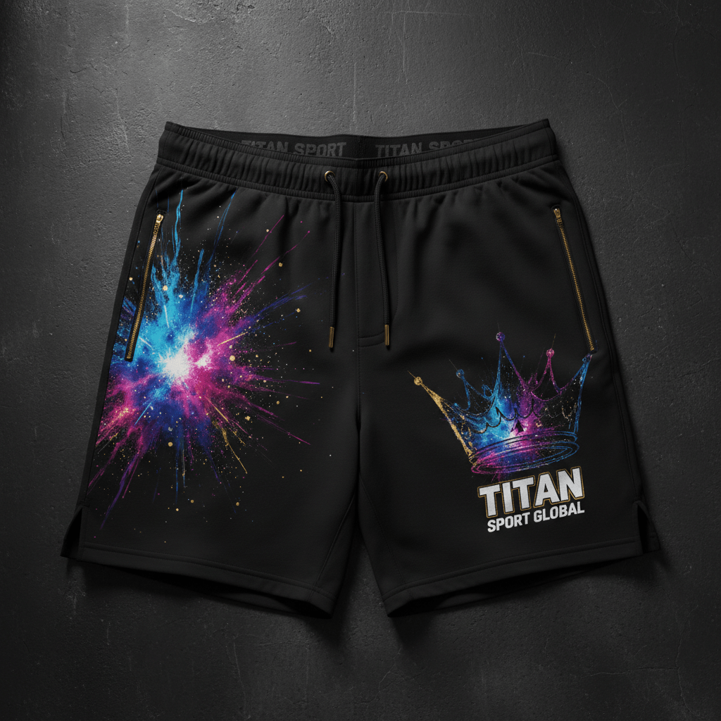 TITAN Men's Cosmic Burst Crown Athletic Shorts flat lay