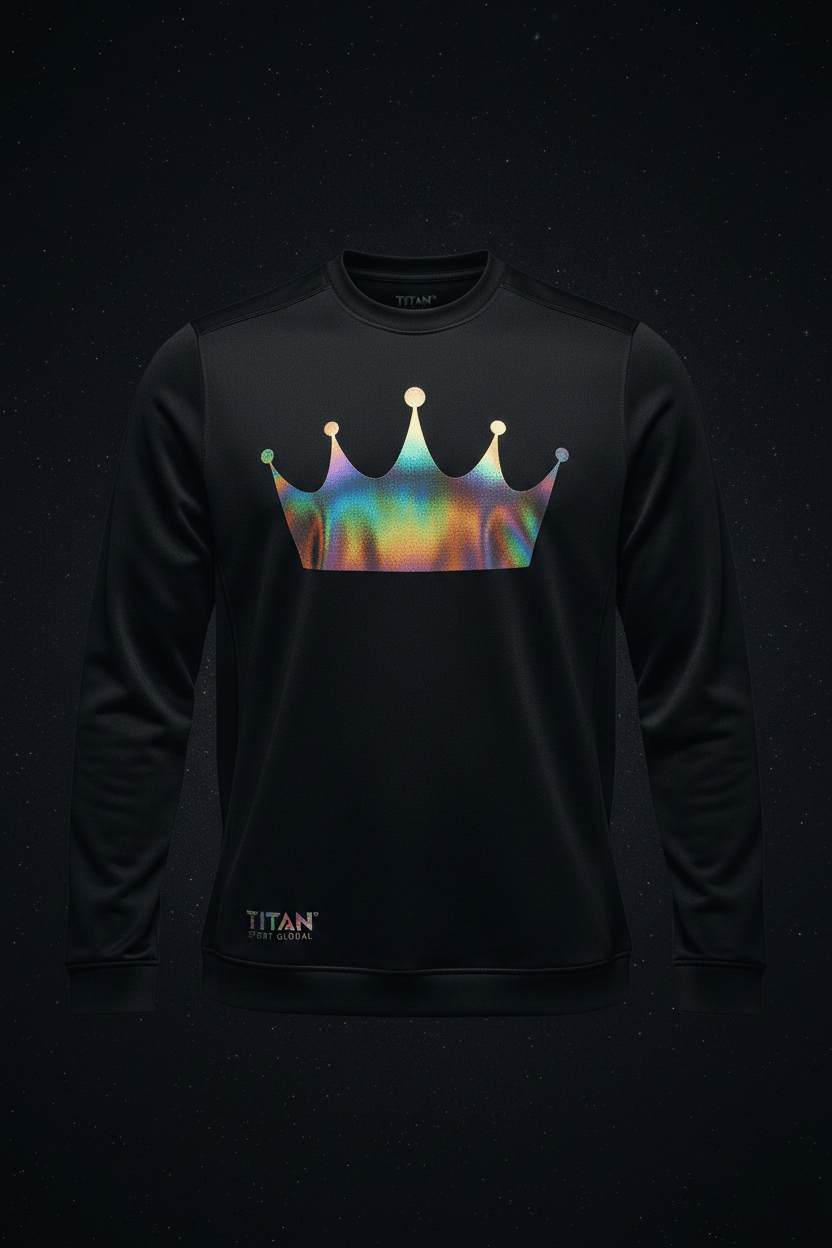 TITAN Men's Holographic Crown Long Sleeve Performance Top flat lay Celestial SWAG Edition