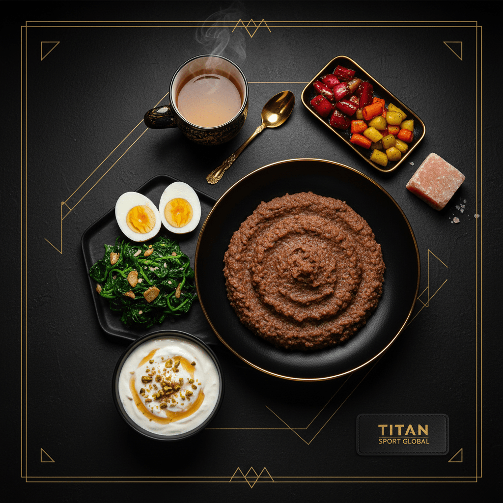 TITAN Nepali Dhido Buckwheat Power Breakfast flat lay dark luxury