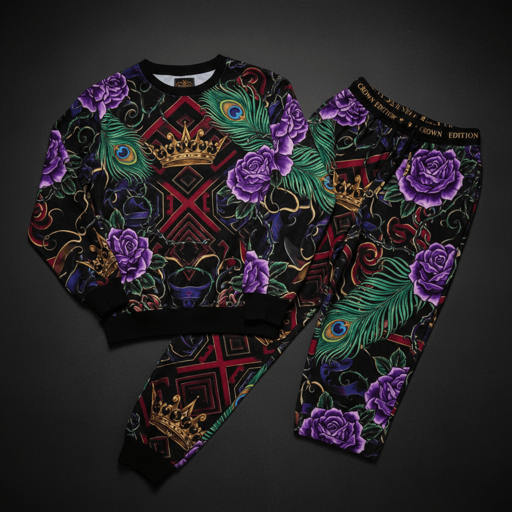 TITAN Crown Edition Tattoo Art Women's Lounge Jogger Set - bold rose peacock tattoo artwork on matte black fleece