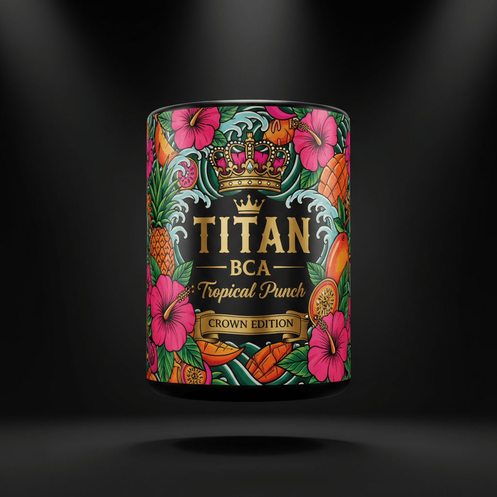 TITAN BCAA Tropical Punch container with tropical fruits, hibiscus and crown tattoo-style Crown Edition artwork in hot pink, orange and gold