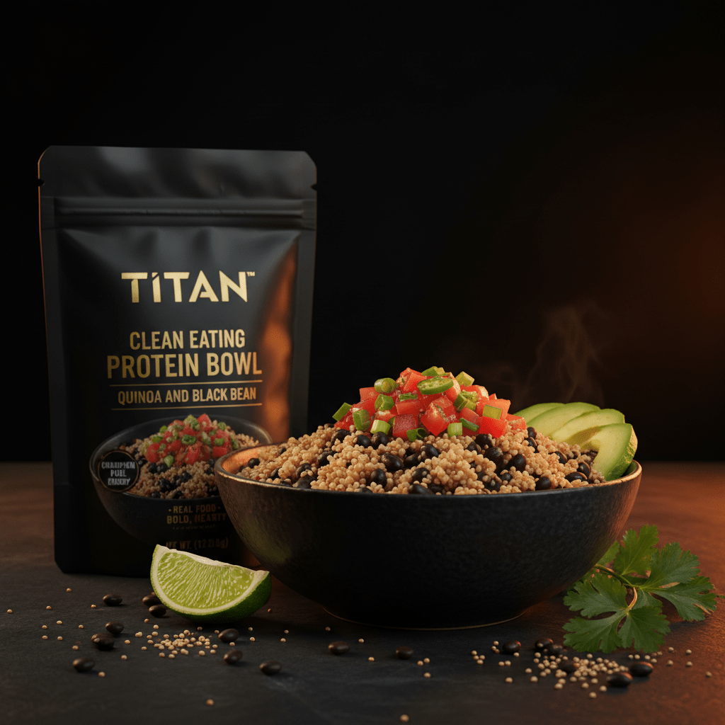 TITAN Clean Eating Protein Bowl Quinoa & Black Bean — vibrant Mexican-inspired angled bowl with quinoa, black beans, fresh pico de gallo, avocado and lime