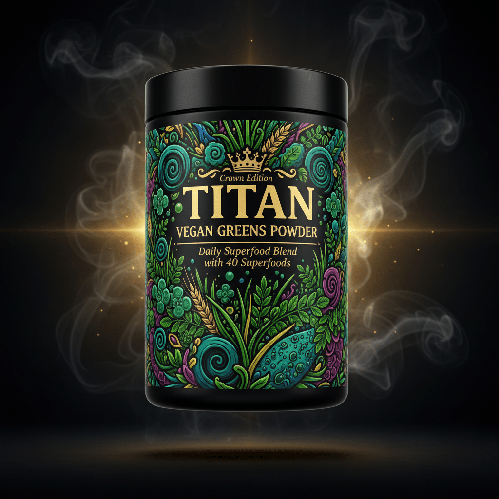 TITAN Vegan Greens Powder — Daily Superfood Blend, Crown Edition tattoo-style artwork