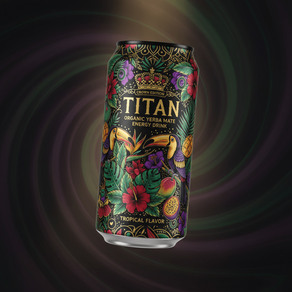 TITAN Organic Yerba Mate Energy Drink — Tropical, Crown Edition tattoo-style artwork