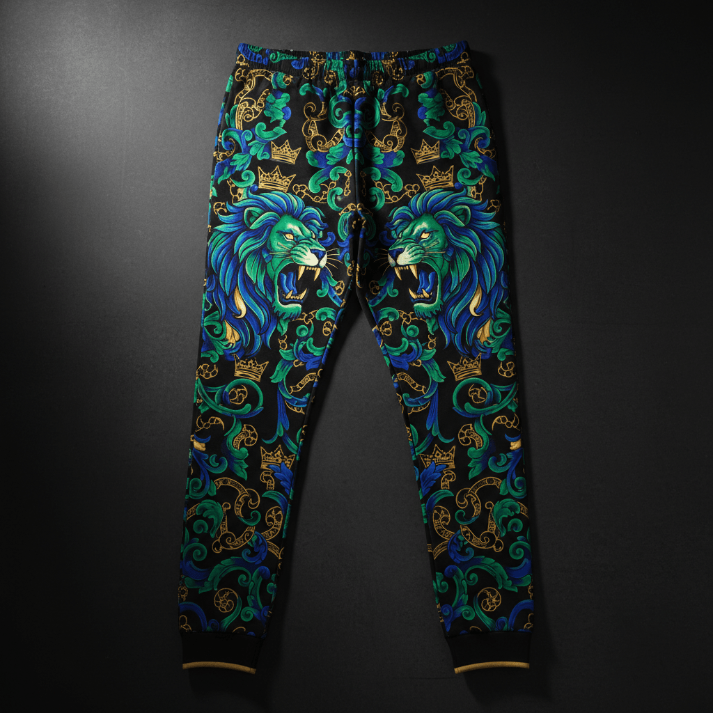 TITAN Printed Sweatpants — Lion and crown tattoo-style artwork in royal blue and emerald green with gold accents