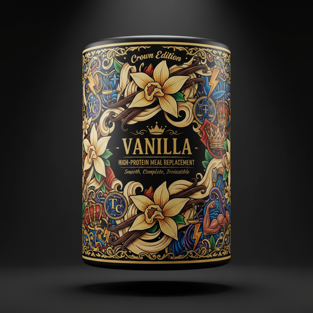 TITAN High-Protein Meal Replacement Shake Vanilla — Crown Edition bold tattoo-style artwork