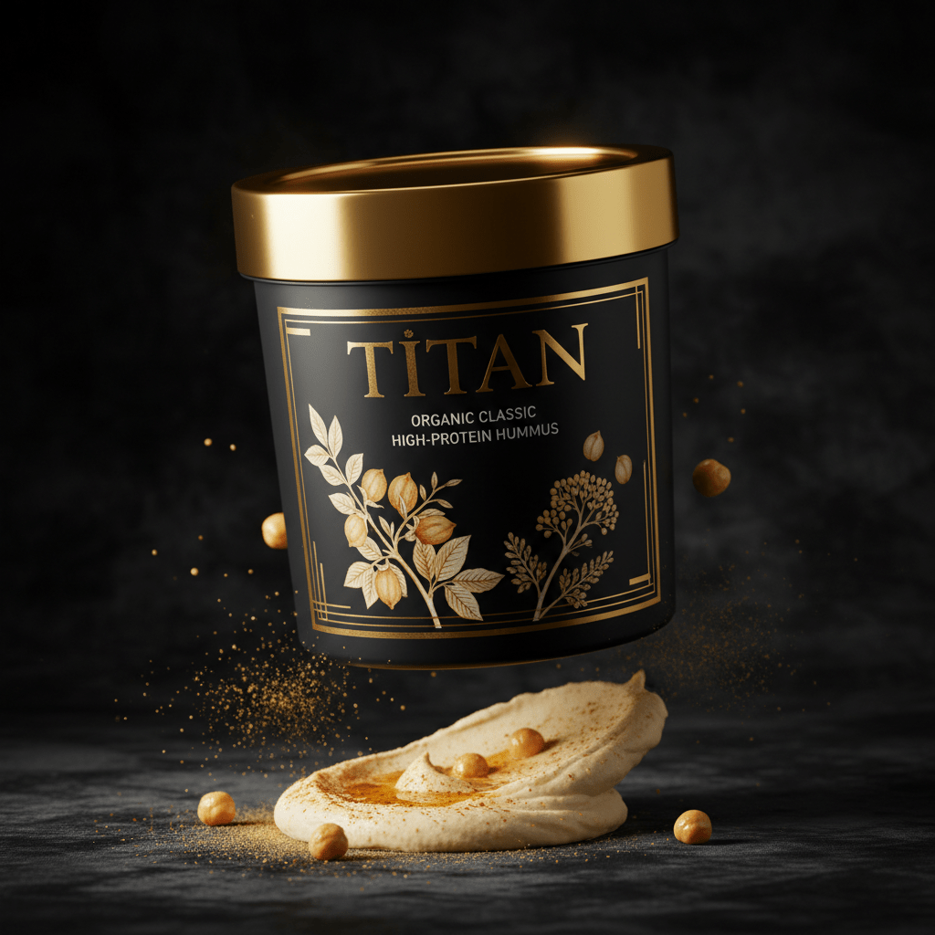 TITAN Organic High-Protein Hummus Classic — ultra-premium luxury editorial product shot