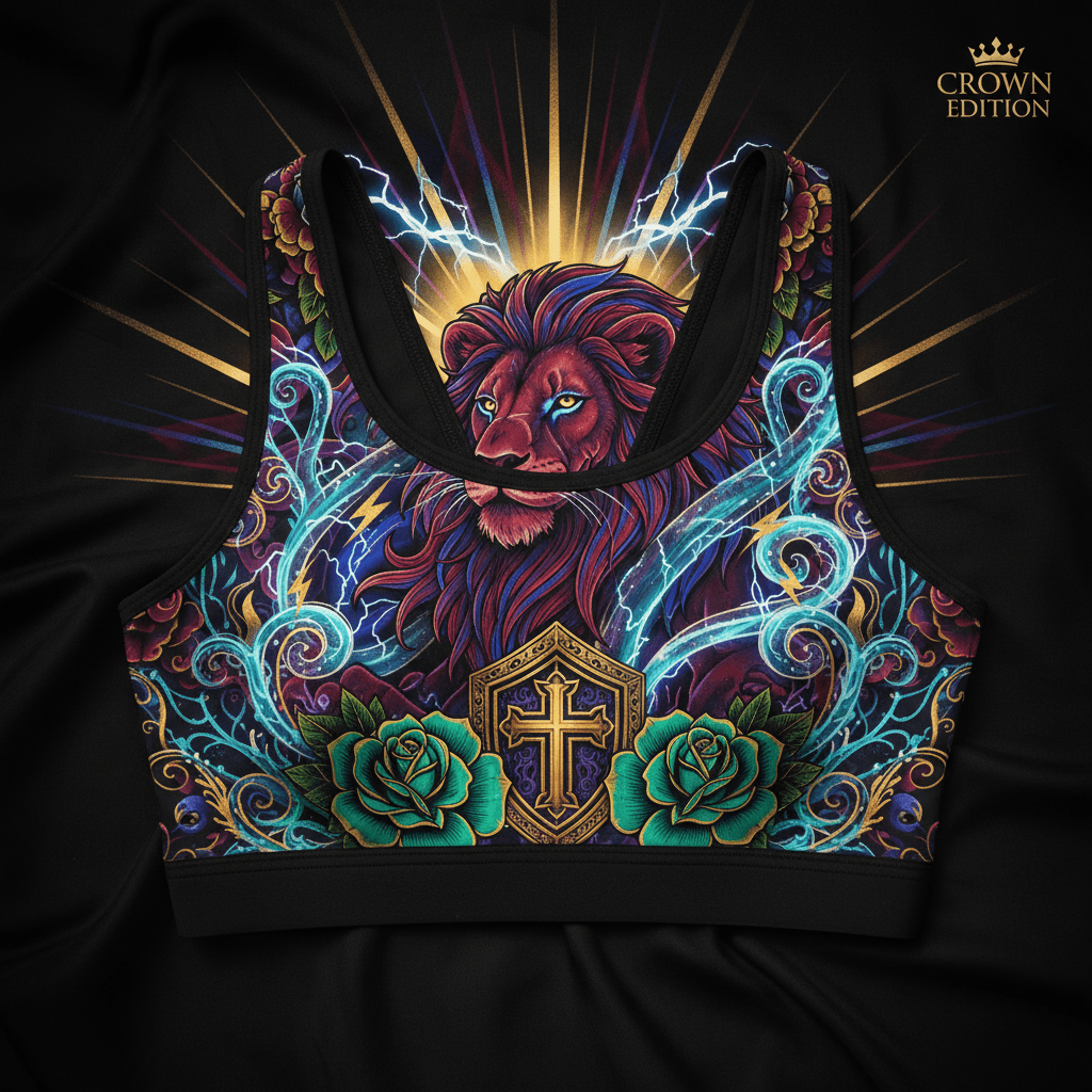 Empowered By Faith Women's Sports Bra — TITAN Crown Edition tattoo artwork