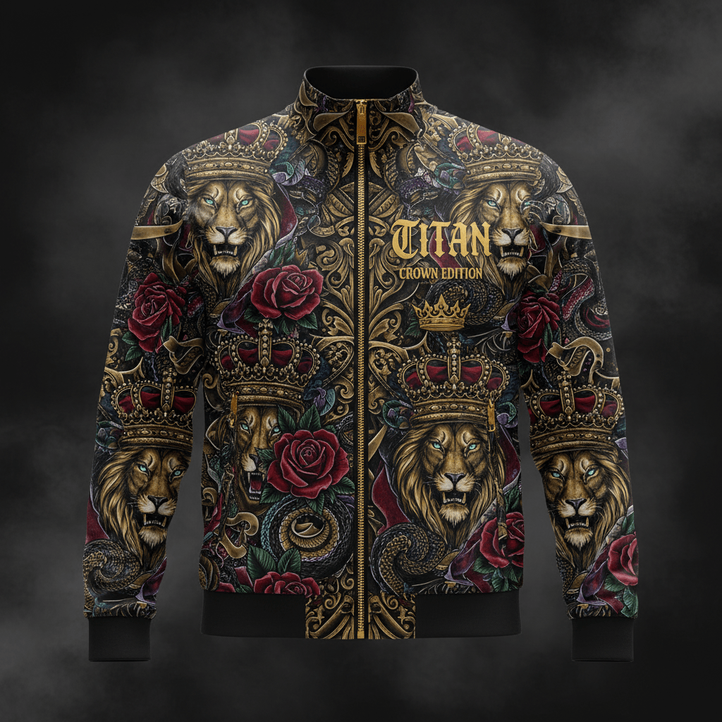 TITAN Printed Zip-Up Jacket — Black & Gold Crown Edition tattoo-style artwork