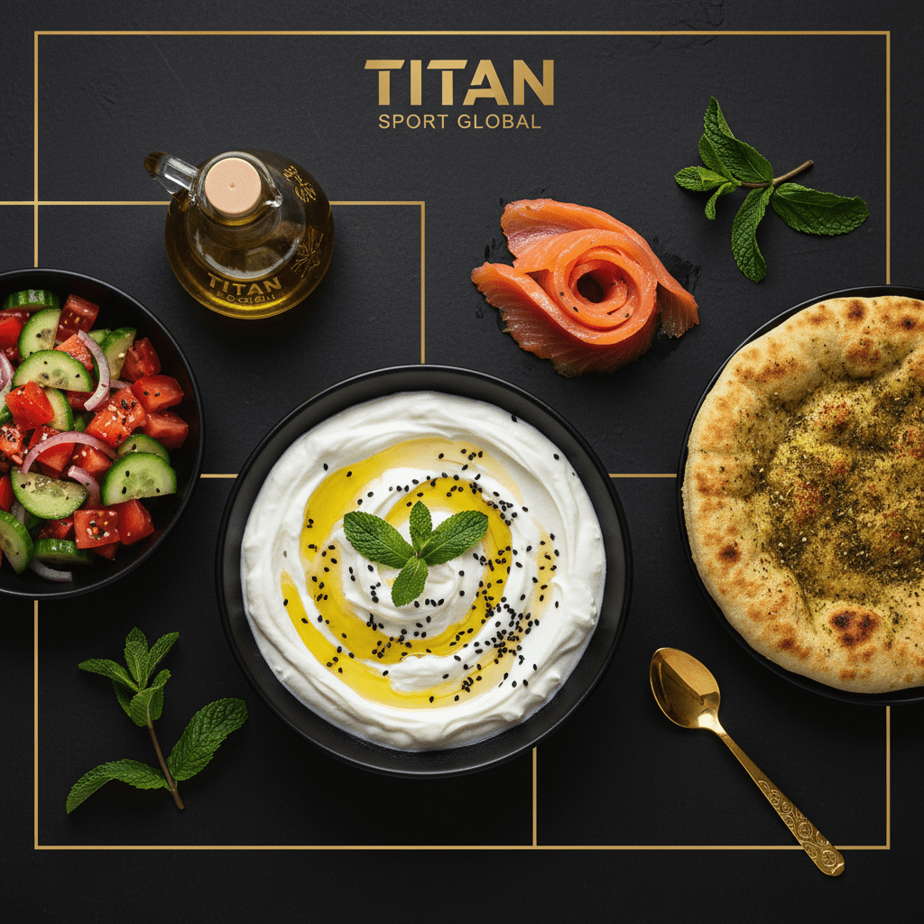 TITAN Lebanese Labneh Smoked Salmon Breakfast meal kit flat lay dark luxury