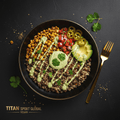 TITAN Mexican Vegan Black Bean Quinoa Power Lunch Bowl flat lay dark luxury