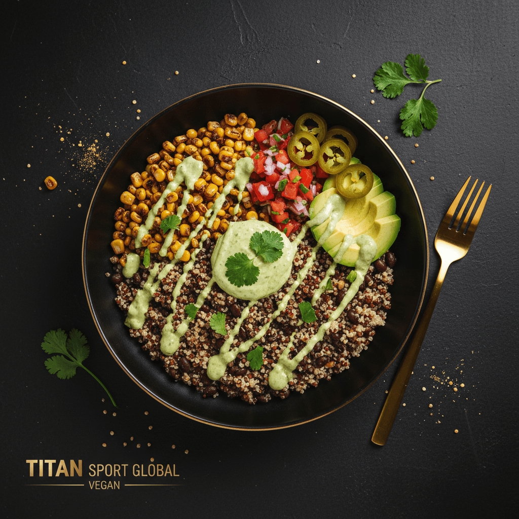 TITAN Mexican Vegan Black Bean Quinoa Power Lunch Bowl flat lay dark luxury