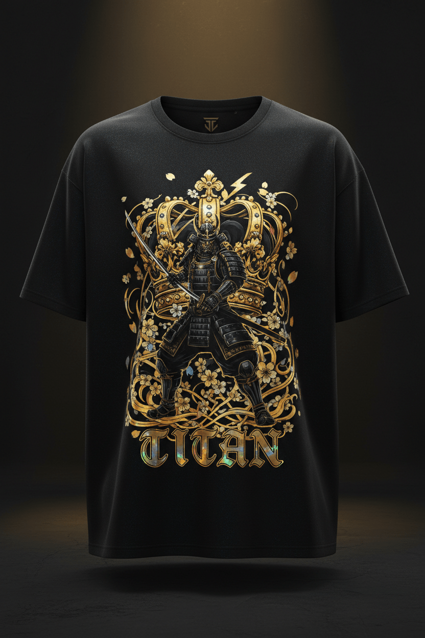 TITAN Samurai Crown Graphic Tee in Black Holographic with gold samurai crown graphic