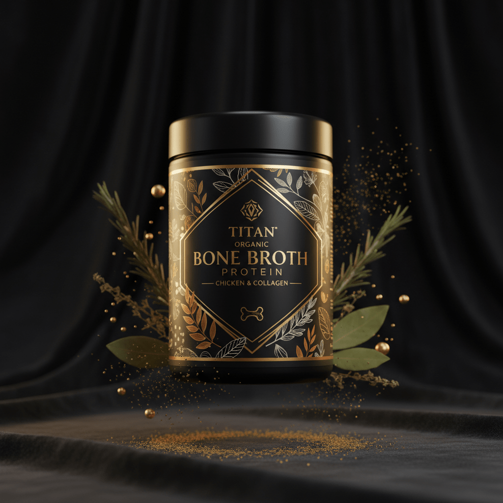 TITAN Organic Bone Broth Protein Chicken & Collagen — ultra-premium luxury editorial product shot