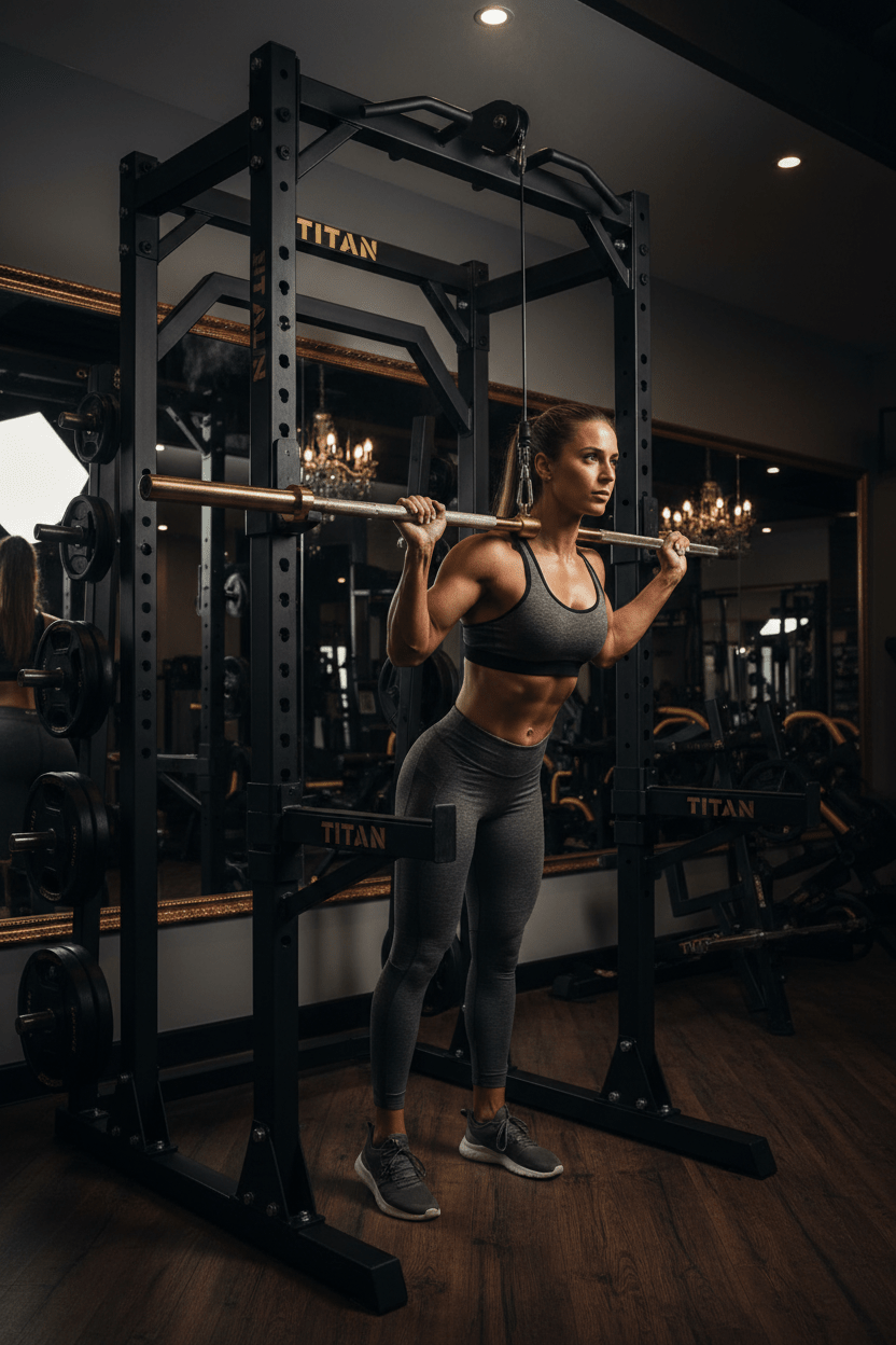 TITAN Lat Pulldown Attachment lifestyle shot, athlete on rack