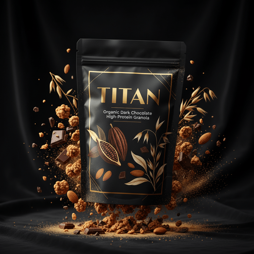 TITAN Organic High-Protein Granola Dark Chocolate — ultra-premium luxury editorial product shot