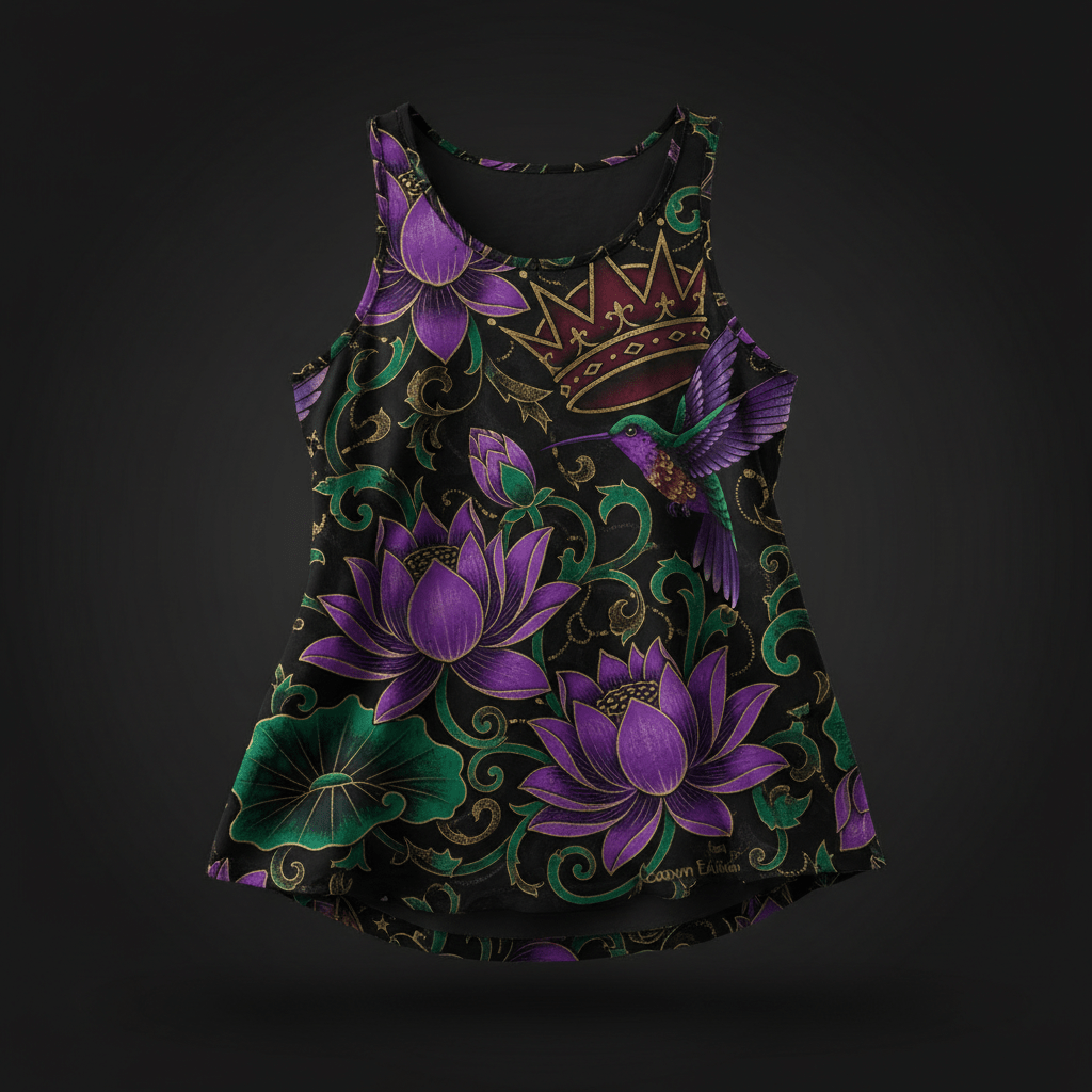 TITAN Women's Flowy Tank Top with lotus flower, hummingbird and crown tattoo-style Crown Edition artwork in purple, emerald and gold on matte black lightweight fabric