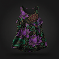 TITAN Women's Flowy Tank Top with lotus flower, hummingbird and crown tattoo-style Crown Edition artwork in purple, emerald and gold on matte black lightweight fabric