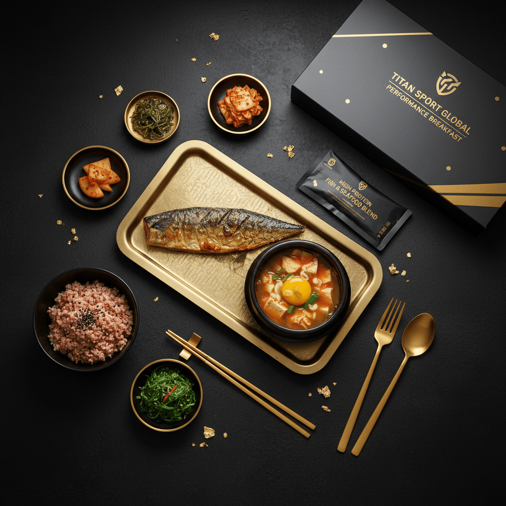 TITAN Korean Grilled Mackerel Power Breakfast meal kit flat lay dark luxury