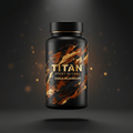 TITAN Chaga Mushroom supplement bottle with Crown Edition matte black and gold packaging featuring bold brushstroke abstract artwork in amber and gold tones