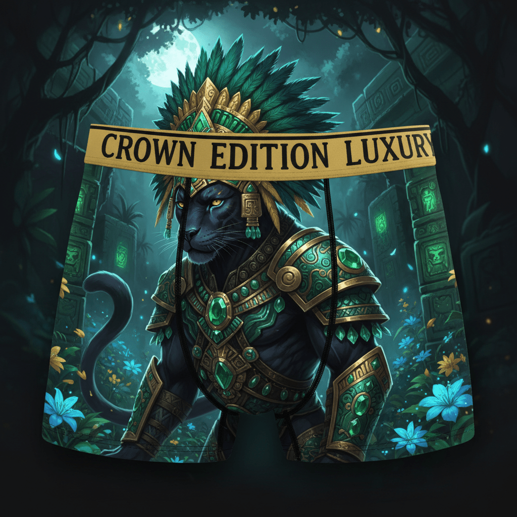 TITAN Aztec Panther Men's Boxer Briefs Crown Edition — panther in Aztec armor anime art on matte black