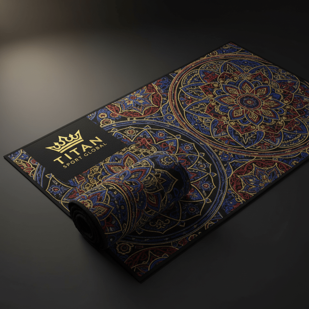TITAN Sport Global microfiber gym towel with blue, red, and gold mandala patterns and a gold crown logo on black.
