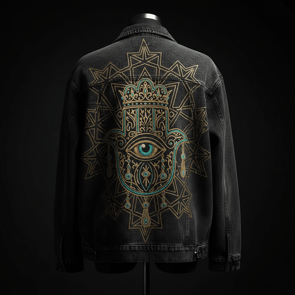 Hamsa Crown Denim Jacket — TITAN Crown Edition spiritual warrior streetwear
