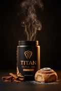 TITAN Keto Protein Shake Cinnamon Roll — dramatic upright canister shot with cinnamon swirl steam and fresh cinnamon roll