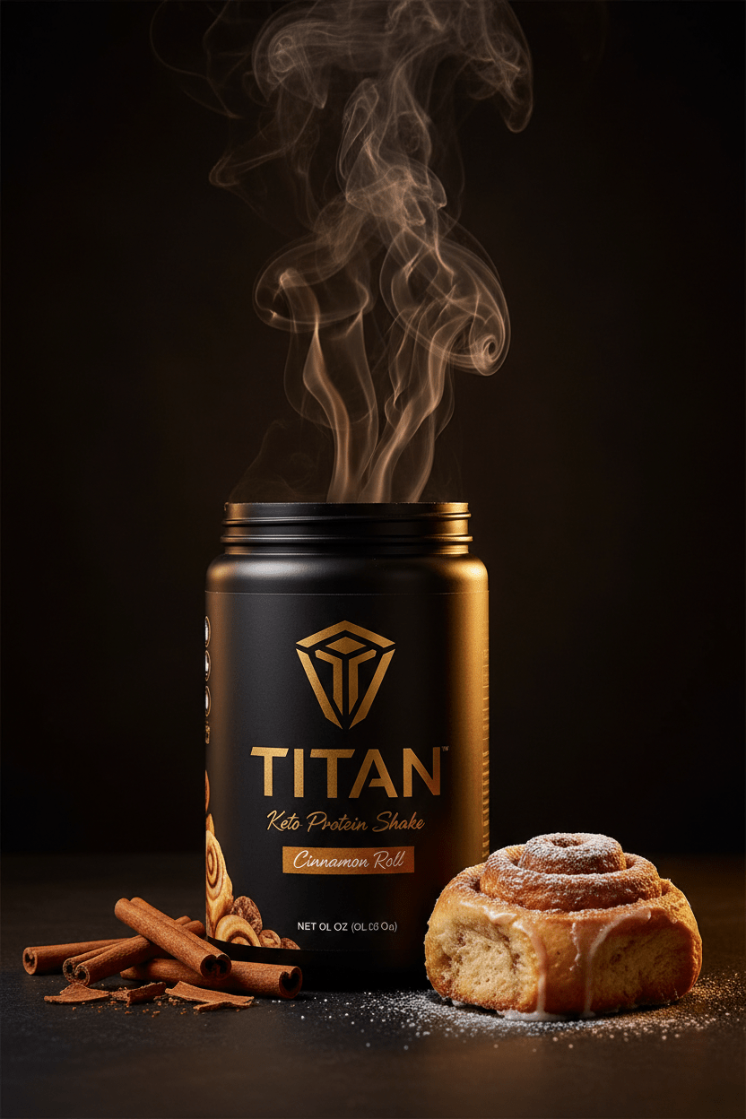 TITAN Keto Protein Shake Cinnamon Roll — dramatic upright canister shot with cinnamon swirl steam and fresh cinnamon roll