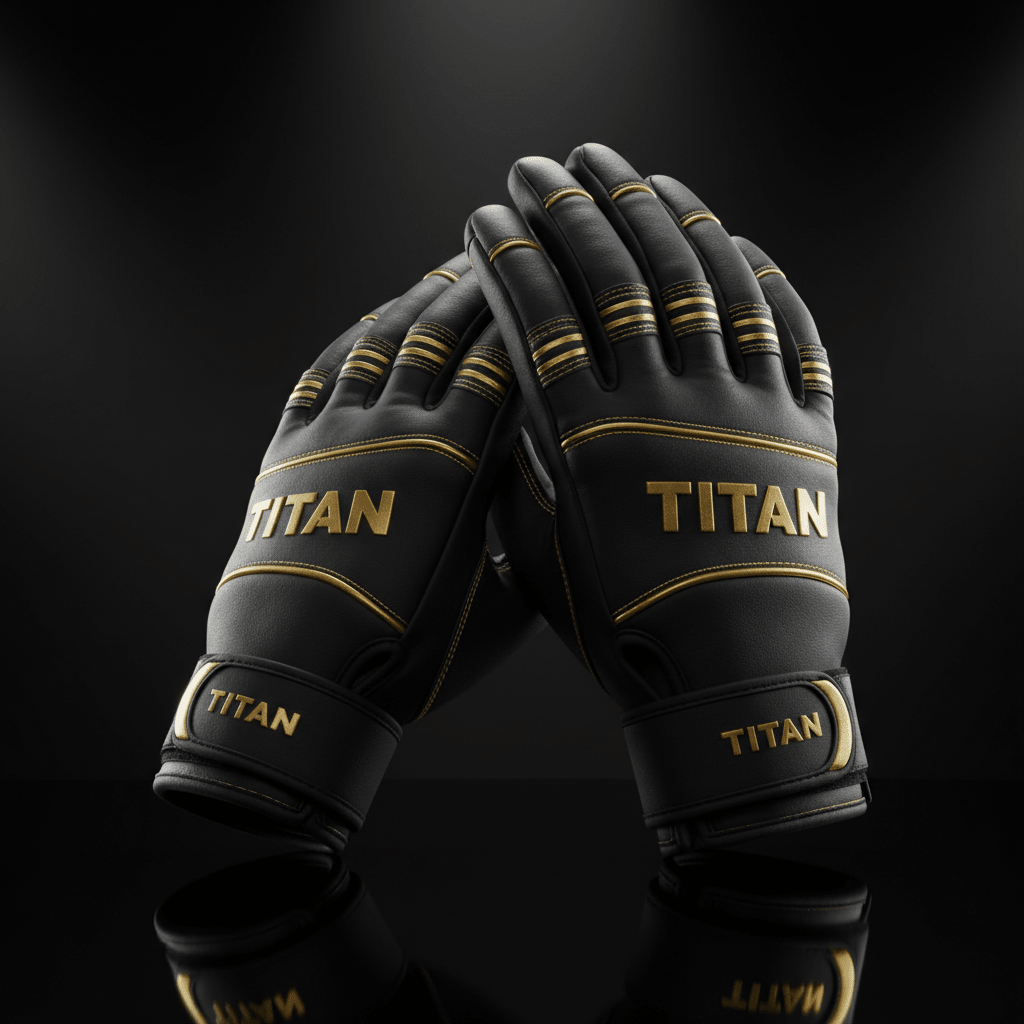 Black leather TITAN weight lifting gloves with gold stitching, accents, and logos on a reflective black background.