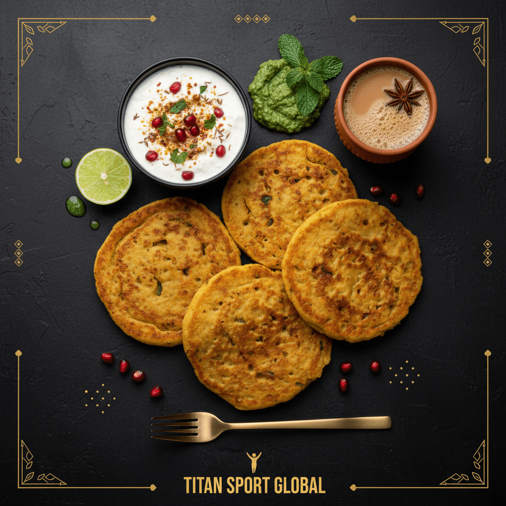 TITAN Indian Besan Protein Pancakes Breakfast flat lay dark luxury