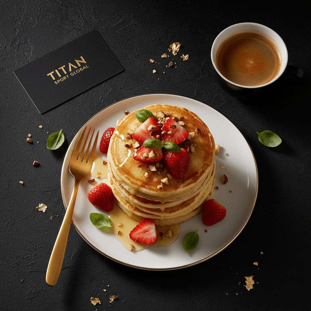 TITAN Italian Ricotta Protein Pancakes Breakfast flat lay dark luxury