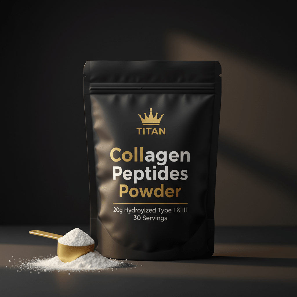 TITAN Collagen Peptides Powder Unflavored — Matte black resealable pouch with gold crown logo and white powder scoop