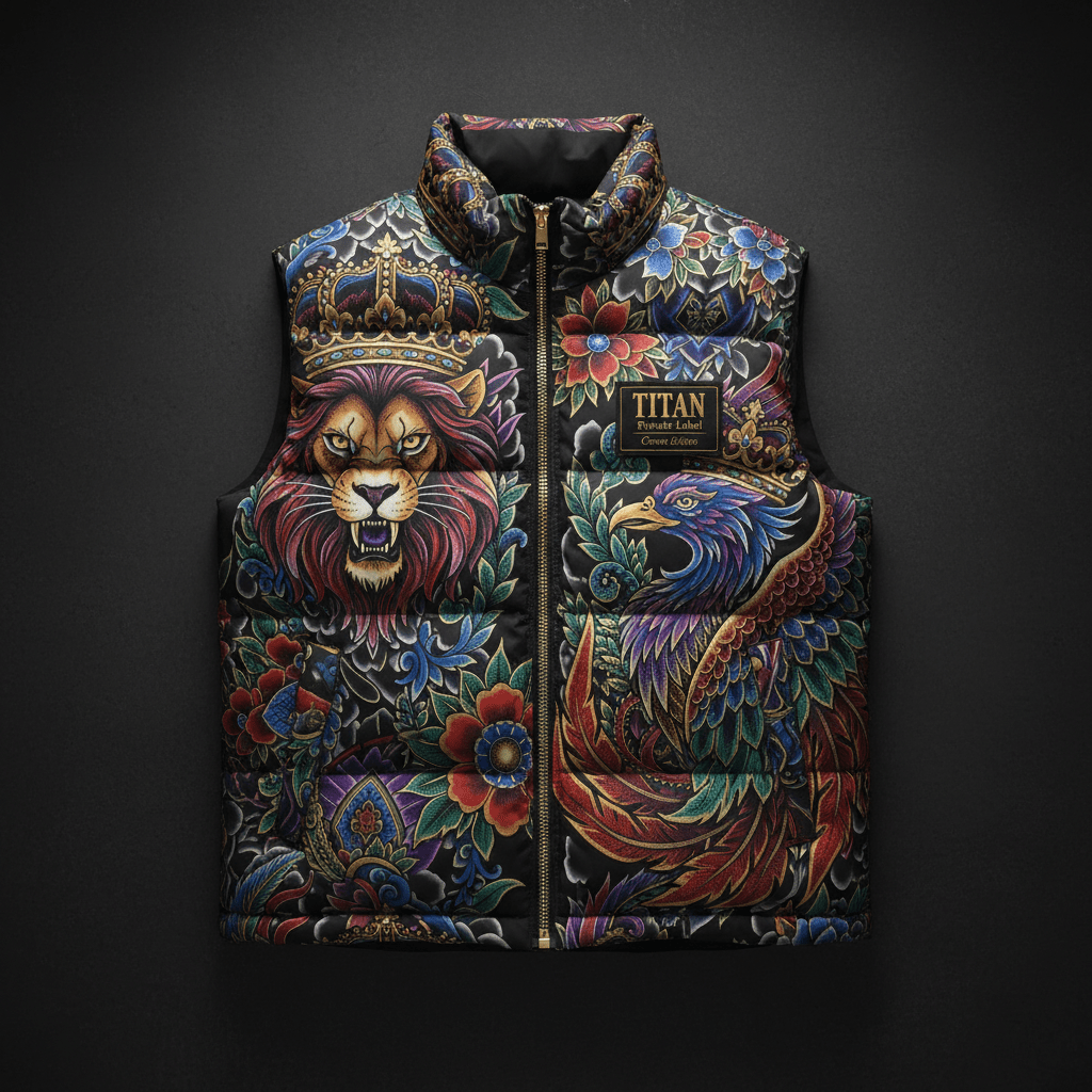 TITAN Private Label Puffer Vest — Crown Edition tattoo-style flat lay