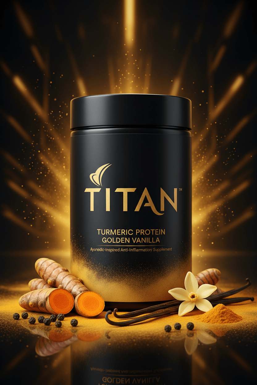 TITAN Turmeric Protein Powder Golden Vanilla — rich Ayurvedic canister with fresh turmeric root, black peppercorns, vanilla bean and golden curcumin glow