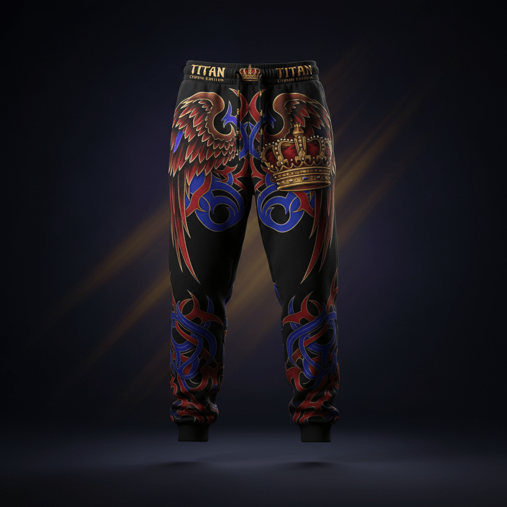 TITAN Men's Fleece Sweatpants with crown and eagle tattoo-style Crown Edition artwork in crimson, blue and gold on matte black