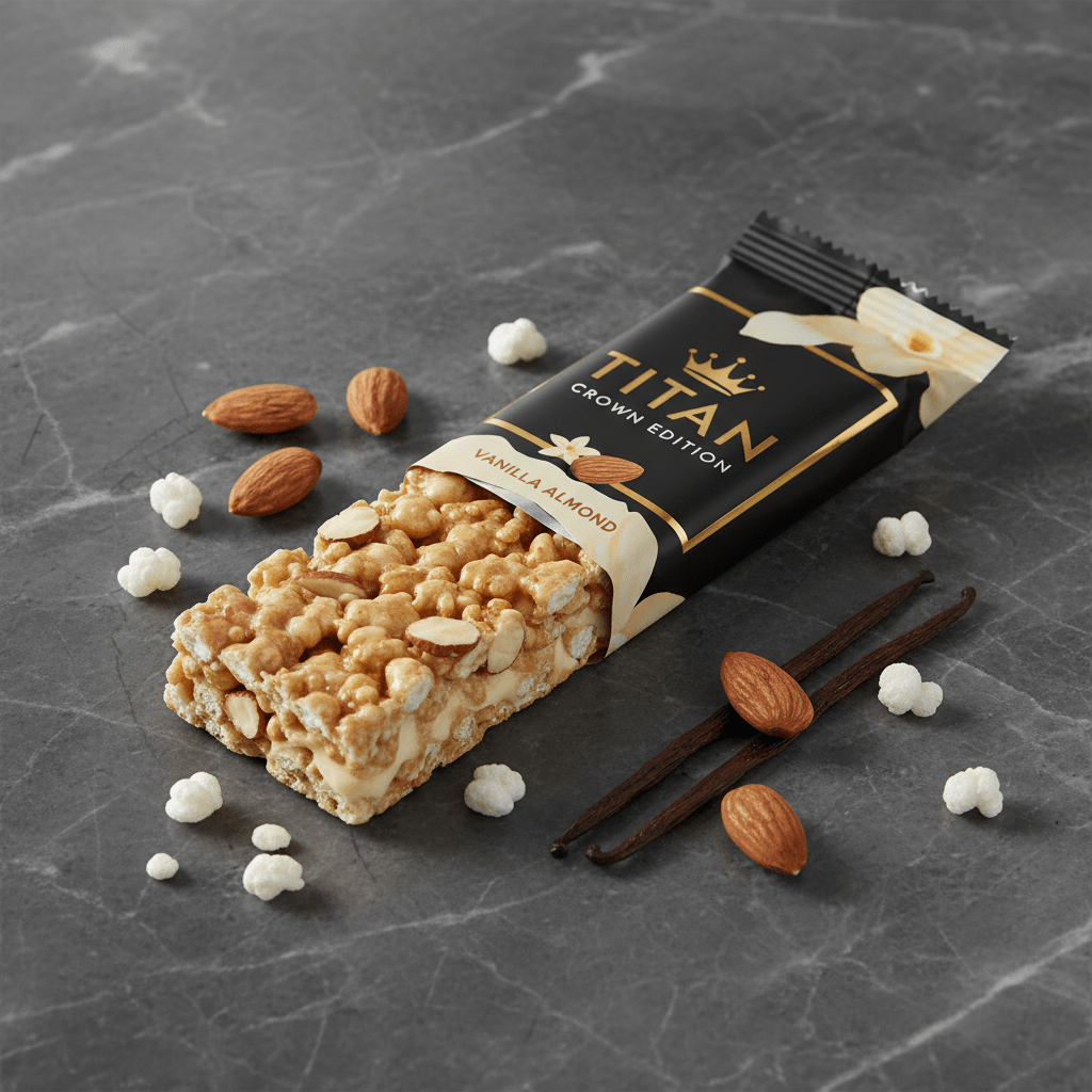 TITAN Crispy Protein Bar Vanilla Almond Crown Edition — 22g protein light crispy vegan product shot