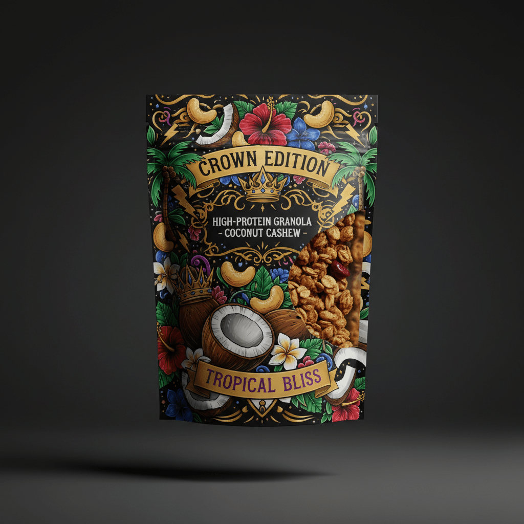 TITAN High-Protein Granola Coconut Cashew — Crown Edition bold tattoo-style artwork