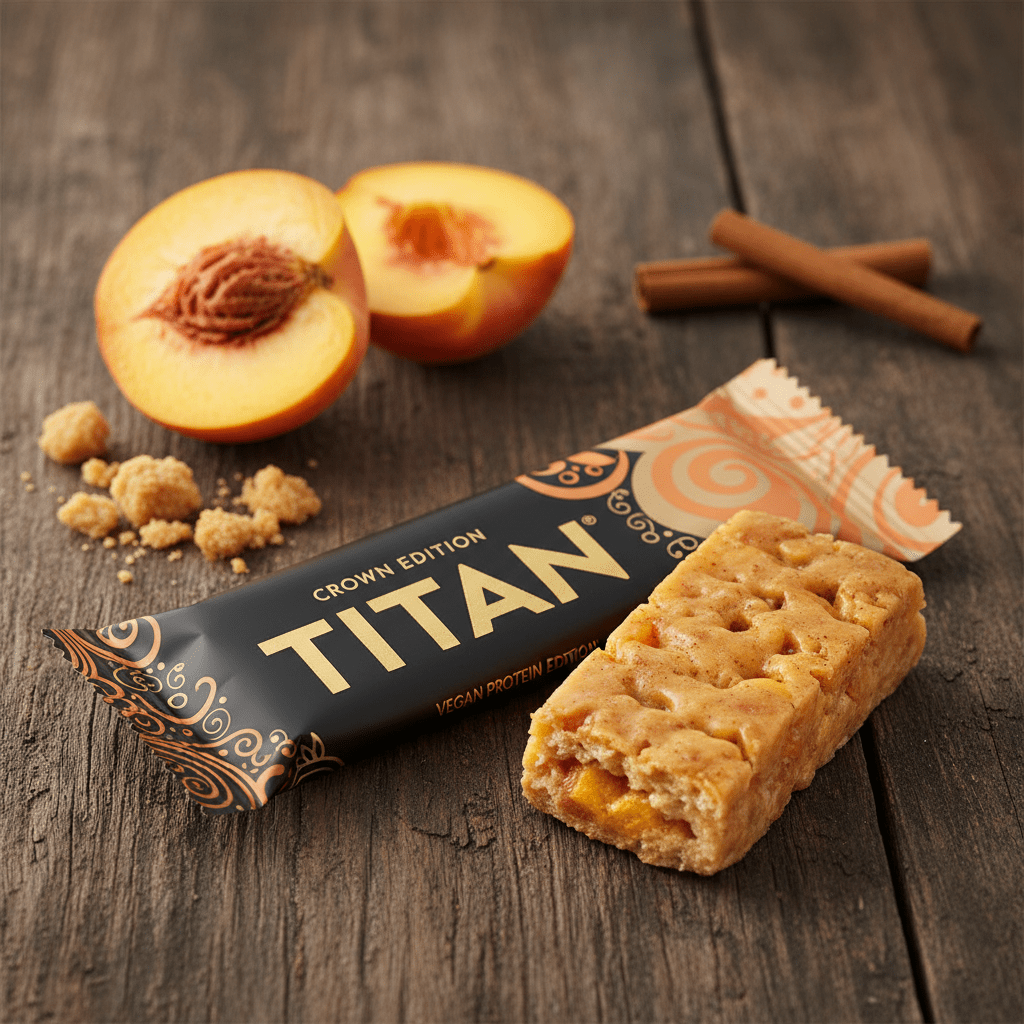 TITAN Vegan Protein Bar Peach Cobbler Crown Edition — 20g protein premium product shot